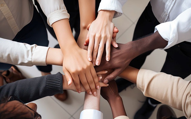 a group of people putting their hands together
